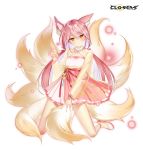  1girl animal_ear_fluff animal_ears closers dress expressionless fingernails flats fox_ears fox_tail frilled_dress frills highres kneeling kumiho long_hair long_sleeves looking_at_viewer low_twintails magic multicolored_hair multiple_tails official_art orb pink_dress red_eyes redhead see-through_sleeves sharp_fingernails solo tail thighs tina_(closers) twintails two-tone_hair very_long_hair 