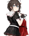  /\/\/\ 1girl ahoge bangs black_shirt black_skirt blue_eyes blush bow braid brown_hair clothes_hanger cowboy_shot fingerless_gloves gloves hair_between_eyes hair_bow hair_flaps hair_ornament hair_over_shoulder highres holding holding_clothes_hanger kantai_collection long_hair looking_at_viewer looking_back pleated_skirt remodel_(kantai_collection) sailor_collar santa_costume school_uniform serafuku sha_(isago) shigure_(kantai_collection) shirt short_sleeves simple_background skirt solo surprised sweatdrop white_background white_sailor_collar 