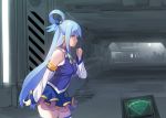  1girl a1 alien_isolation aqua_(konosuba) bare_shoulders blue_dress blue_eyes blue_hair breasts commentary_request controller cowboy_shot detached_sleeves dress hair_rings kono_subarashii_sekai_ni_shukufuku_wo! long_hair medium_breasts pov sleeveless sleeveless_dress solo standing thigh-highs tunnel white_legwear 