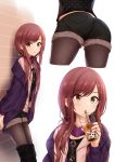  1girl absurdres bangs black_footwear black_legwear black_shirt black_shorts boots brown_eyes brown_hair bubble_tea can cardigan cropped_legs drinking_straw hair_ornament heart heart_hair_ornament highres holding holding_can idolmaster idolmaster_shiny_colors legwear_under_shorts long_hair long_sleeves looking_at_viewer low_twintails miyar2d2 multiple_views nail_polish oosaki_amana open_cardigan open_clothes open_mouth pantyhose purple_cardigan red_nails shiny shiny_hair shiny_legwear shirt short_shorts shorts swept_bangs thigh-highs thigh_boots twintails 