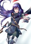  1girl ameno_(a_meno0) armor bangs black_bodysuit blue_footwear blue_hair blue_shirt bodysuit boots closed_mouth feet_out_of_frame fingerless_gloves fire_emblem fire_emblem_awakening gloves gradient gradient_background hair_between_eyes hair_spread_out holding holding_sword holding_weapon long_hair long_sleeves looking_at_viewer lucina lucina_(fire_emblem) outstretched_arm shiny shiny_hair shirt shoulder_armor simple_background solo sword thigh-highs thigh_boots tiara weapon white_background 