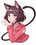  1girl absurdres animal_ear_fluff animal_ears bangs blush brown_hair cat_ears cat_girl cat_tail cropped_torso drawstring eyebrows_visible_through_hair hand_up higashigure highres hood hood_down hoodie kmnz long_sleeves looking_at_viewer mc_liz nail_polish parted_lips pink_hoodie pink_nails short_hair simple_background solo tail tail_raised upper_body violet_eyes virtual_youtuber white_background 