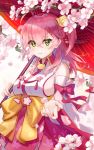  1girl absurdres blush branch breasts cherry_blossom_print cherry_blossoms closed_mouth eyebrows_visible_through_hair floral_print green_eyes hair_between_eyes hair_ornament hair_over_shoulder hairclip highres holding holding_umbrella hololive lims_(neko2lims) looking_at_viewer petals pink_hair reaching_out sakura_miko sideboob smile solo umbrella virtual_youtuber 