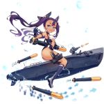  1girl ass azur_lane blue_eyes bluegill_(azur_lane) blush boots dango_remi dark_skin gloves highres long_hair looking_at_viewer official_art open_mouth purple_hair short_eyebrows smile solo swimsuit tan thigh-highs thighs torpedo transparent_background twintails 