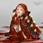  1girl bangs belt belt_buckle blonde_hair blood blood_splatter blunt_bangs boots brown_belt buckle cape character_name copyright_name fire full_body grey_background hog_9by hood hood_up hooded_cape keyhole little_red_riding_hood_(sinoalice) lock long_hair long_sleeves looking_at_viewer on_floor open_mouth orange_eyes padlock red_cape red_footwear red_hood simple_background sinoalice sitting sleeves_past_wrists solo torn_clothes upper_teeth 