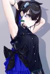  1girl absurdres armpits arms_up black_hair blue_hair blush breasts chobe_2 closed_mouth earrings eyebrows_visible_through_hair grey_eyes hair_between_eyes highres jewelry long_hair looking_at_viewer medium_breasts multicolored_hair original ponytail smile solo 