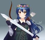  1girl alternate_costume armor black_gloves blue_hair blush bow_(weapon) brown_eyes closed_mouth eyebrows_visible_through_hair fingerless_gloves gloves head_wreath highres holding holding_sword holding_weapon long_hair looking_at_viewer love_live! love_live!_school_idol_project smile solo sonoda_umi sweetie_cyanide sword upper_body weapon 