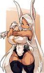  1girl absurdres animal_ears bangs boku_no_hero_academia breasts bunny_tail covered_navel dark_skin forehead gloves heavy_breathing highleg highleg_leotard highres impossible_clothes impossible_leotard large_breasts leotard long_hair looking_at_viewer mirko muscle muscular_female rabbit_ears red_eyes silver_hair sleeveless solo stretch sweat swept_bangs tail thick_thighs thighs toned turtleneck_leotard very_long_hair white_gloves white_leotard zana 