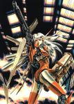  1980s_(style) 1girl ariel_(mecha) ariel_(novel) bangs gun highres holding holding_weapon jetpack leotard long_hair machine_gun mecha mecha_musume mechanical_wings official_art oldschool red_eyes suzuki_masahisa weapon white_hair wings 