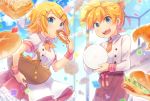 1boy 1girl :d apron basket blonde_hair blue_eyes bread brother_and_sister carrying_under_arm commentary confetti cowboy_shot crescent croissant day earrings eating eyebrows_visible_through_hair flower_earrings food hair_ornament hairclip highres holding holding_food holding_plate jewelry kagamine_len kagamine_rin long_sleeves looking_at_viewer neckerchief necktie open_mouth orange_neckwear petticoat plate ponytail puffy_short_sleeves puffy_sleeves red_skirt reki_(arequa) sandwich short_hair short_sleeves siblings skirt smile star twins vocaloid white_apron wrist_cuffs 