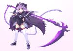  1girl alternate_costume artist_name binato_lulu black_bodysuit black_cloak black_gloves bodysuit boots chain cloak commentary_request cosplay eyebrows_visible_through_hair fate/grand_order fate_(series) floating_hair gloves hair_between_eyes hand_on_hip hood hooded_cloak looking_at_viewer medium_hair medusa_(lancer)_(fate) medusa_(lancer)_(fate)_(cosplay) melissa_fahn neptune_(neptune_series) neptune_(series) pink_hair polka_dot polka_dot_background pose purple_hair rider scythe seiyuu_connection simple_background smile solo thigh-highs v-shaped_eyebrows violet_eyes white_background 