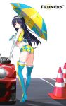  1girl alternate_color ass bare_shoulders belt black_hair boots breasts car checkered closed_mouth closers crop_top cropped_vest elbow_gloves gloves ground_vehicle hairband high_heel_boots high_heels holding holding_umbrella long_hair looking_at_viewer looking_back luna_aegis_(closers) midriff motor_vehicle official_art racequeen short_shorts shorts single_thighhigh sleeveless smile solo standing thigh-highs thigh_boots thighs traffic_cone umbrella violet_eyes 