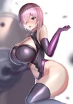  1girl bad_anatomy black_legwear black_leotard breasts fate/grand_order fate_(series) gloves hair_over_one_eye highres holding_shield large_breasts lavender_hair leotard looking_at_viewer mash_kyrielight navel_cutout purple_gloves shield shiny shiny_hair shiny_skin short_hair solo thighs tsukunendo 