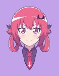  1girl artsy-rc bat_hair_ornament blush bow closed_mouth collared_shirt cross eyebrows_visible_through_hair fang fang_out gabriel_dropout grey_bow grey_shirt hair_bow hair_ornament highres inverted_cross kurumizawa_satanichia_mcdowell looking_at_viewer necktie portrait red_eyes red_neckwear redhead shirt smile solo wing_collar 