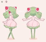  alcremie clarevoir commentary creature english_commentary food from_behind fruit full_body fusion gen_3_pokemon gen_8_pokemon kirlia no_humans open_arms pokemon pokemon_(creature) red_eyes simple_background standing strawberry white_background 