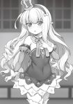 1girl azur_lane blush bow breasts eyebrows_visible_through_hair gloves greyscale hair_bow hand_on_own_chest highres long_hair looking_away monochrome novel_illustration parted_lips queen_elizabeth_(azur_lane) raiou ringlets small_breasts solo thigh-highs very_long_hair 