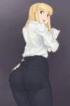  1girl ass back black_pants blonde_hair blush business_suit collared_shirt eyebrows_visible_through_hair female formal grey_eyes highres long_hair looking_back open_mouth original pants paper serenity_(thwwshark) shirt simple_background smile solo suit thwwshark upper_teeth white_shirt 