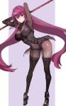  1girl armpits arms_up bodysuit boots breasts covered_navel eyebrows_visible_through_hair fate/grand_order fate_(series) full_body hair_between_eyes hareno_chiame highres large_breasts leaning_forward long_hair looking_at_viewer pauldrons polearm purple_hair red_eyes scathach_(fate)_(all) scathach_(fate/grand_order) smile solo standing very_long_hair weapon 