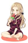 1girl bangs bare_legs barefoot black_bow blonde_hair blunt_bangs blush bow eating food full_body hair_bow hand_on_own_leg highres holding holding_food ice_cream indian_style keyhole little_red_riding_hood_(sinoalice) lock long_hair long_sleeves looking_at_viewer padlock reality_arc_(sinoalice) simple_background sinoalice sitting sleeves_rolled_up solo sweets wavy_hair white_background yellow_eyes yuna726 