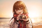  1girl beach blurry blurry_background brown_hair camera closed_eyes connie_(keean2019) enpera facing_viewer fringe_trim grey_jacket hair_ornament hairclip hands_up holding jacket long_hair long_sleeves ocean open_mouth original plaid plaid_scarf scarf smile solo sun sunlight twilight water 
