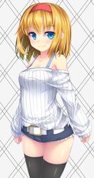  1girl alice_margatroid bangs bare_shoulders belt black_legwear blonde_hair blue_eyes bra_strap breasts collarbone commentary_request cowboy_shot cutoffs eyebrows_visible_through_hair grey_background hairband highres long_sleeves looking_at_viewer medium_breasts off-shoulder_sweater off_shoulder partial_commentary red_hairband short_hair short_shorts shorts smile solo standing sweater thigh-highs thighs touhou uumaru white_belt white_sweater 