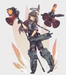  1girl absurdres assault_rifle blush brown_eyes brown_hair closed_mouth commentary earphones english_commentary gloves grey_background grey_gloves grey_jacket grey_shorts gun hair_ornament halo highres holding jacket long_hair looking_at_viewer looking_back mecha_musume megaphone metal_boots nogchasaeg_(karon2848) original rifle short_sleeves shorts solo spotlight standing weapon x_hair_ornament 