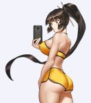  1girl ass bangs bare_arms bare_shoulders blunt_bangs breasts brown_eyes brown_hair cellphone closed_mouth covered_nipples crop_top eyebrows_visible_through_hair grey_background hair_ornament hair_stick halterneck high_ponytail highres holding holding_phone hsh_thx large_breasts last_origin long_hair phone self_shot short_shorts shorts sideboob sidelocks smartphone smile sports_bra thighs tiequan_(last_origin) very_long_hair yellow_shorts 