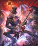  \n/ artist_request chain concert eclipse electric_guitar guitar hat he_who_once_rocked instrument jacket leather leather_jacket leather_pants long_hair loudspeaker music official_art pants playing_instrument ribs shadowverse skeleton solar_eclipse spotlight top_hat white_hair 
