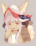  1other androgynous animal_ears brown_eyes eyebrows_visible_through_hair fang furry helmet highres looking_at_viewer made_in_abyss mimikaki_(men_bow) nanachi_(made_in_abyss) parted_lips upper_body whiskers white_hair 