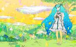  1girl album_cover aqua_eyes aqua_hair binoculars cover flying_whale forest hatsune_miku highres holding_binoculars long_hair nagimiso nature orange_sky outdoors river scenery sky solo tree twintails very_long_hair vocaloid whale wide_shot 