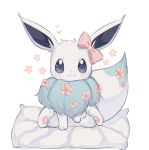  :3 alternate_color clarevoir closed_mouth commentary creature ear_ribbon eevee english_commentary flower full_body gen_1_pokemon looking_at_viewer lowres no_humans pillow pokemon pokemon_(creature) shiny_pokemon simple_background sitting smile solo violet_eyes white_background white_theme 