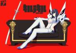  1girl black_eyes black_hair bodysuit boots breasts closed_mouth copyright_name couch eyebrows_visible_through_hair high_heel_boots high_heels highres hime_cut horns j_adsen junketsu katana kill_la_kill kiryuuin_satsuki large_breasts long_hair navel reclining red_background revealing_clothes scabbard sheath sheathed signature simple_background sitting solo sword thick_eyebrows thigh-highs thigh_boots very_long_hair weapon 