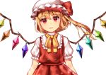  1girl bangs blonde_hair eyebrows_visible_through_hair flandre_scarlet hat long_hair looking_at_viewer maitacoco mob_cap puffy_short_sleeves puffy_sleeves red_eyes ribbon short_sleeves side_ponytail simple_background solo touhou white_background white_headwear wings yellow_neckwear yellow_ribbon 