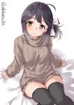  1girl ahoge alternate_costume bed_sheet black_hair black_legwear blush brown_sweater ebifurya eyebrows_visible_through_hair feet_out_of_frame hair_ribbon hayanami_(kantai_collection) highres kantai_collection long_sleeves looking_at_viewer ponytail ribbed_sweater ribbon short_hair simple_background solo sweater thigh-highs twitter_username white_background white_ribbon yellow_eyes 