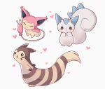  ^_^ brown_eyes cat clarevoir closed_eyes closed_mouth commentary creature english_commentary full_body furret gen_2_pokemon gen_3_pokemon gen_4_pokemon happy heart no_humans pachirisu pokemon pokemon_(creature) simple_background skitty smile standing white_background 