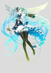  aqua_eyes aqua_hair black_legwear detached_sleeves dress flying full_body garter_belt grey_background hatsune_miku headphones highres long_hair nagimiso open_mouth smile stick thigh-highs twintails very_long_hair vocaloid wings 