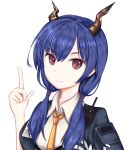  1girl arknights baizhiliyi bangs black_jacket blue_hair brown_eyes ch&#039;en_(arknights) commentary dragon_horns eyebrows_visible_through_hair hair_between_eyes hand_up highres horns index_finger_raised jacket long_hair looking_at_viewer low_twintails necktie shirt simple_background smile solo twintails upper_body white_background white_shirt yellow_neckwear 