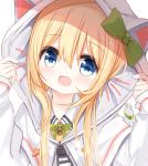  1girl :d animal_ears animal_hood bangs blonde_hair blue_eyes blush bow cat_ears cat_hood collared_shirt commentary_request eyebrows_visible_through_hair fake_animal_ears green_bow hair_between_eyes hair_bow hands_up hood hood_up hooded_jacket jacket long_hair long_sleeves open_mouth original shirt simple_background sleeves_past_wrists smile solo upper_body white_background white_jacket yellow_shirt yuuhagi_(amaretto-no-natsu) 