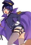  1girl ass blue_eyes blue_hair blue_headwear blush breasts cape character_request collared_shirt embarrassed eyebrows_visible_through_hair from_behind gloves grey_legwear hat jahy_sama_wa_kujikenai konbu_wakame long_sleeves looking_at_viewer necktie open_mouth purple_cape purple_neckwear rectangular_mouth shirt short_hair small_breasts solo tearing_up thigh-highs white_gloves white_shirt 