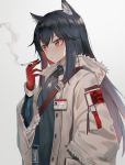  1girl absurdres animal_ears arknights bangs black_hair black_shirt cigarette closed_mouth coat commentary_request eyebrows_visible_through_hair fur-trimmed_sleeves fur_trim gloves gradient_hair grey_coat hand_in_pocket highres holding holding_cigarette id_card jewelry koi0806 long_hair long_sleeves looking_away multicolored_hair necklace open_clothes open_coat orange_eyes red_gloves redhead shirt sidelocks smoke solo texas_(arknights) unbuttoned upper_body very_long_hair 