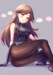  1girl alternate_costume arashio_(kantai_collection) bangs bare_shoulders blush breasts brown_hair china_dress chinese_clothes dated dress eyebrows_visible_through_hair flower grey_background grin hair_between_eyes hair_flaps ittokyu kantai_collection knees_up lily_(flower) long_hair looking_at_viewer medium_breasts orange_eyes pantyhose signature sitting sleeveless sleeveless_dress smile solo swept_bangs 