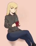  1girl absurdres black_legwear blonde_hair blue_pants closed_mouth crossed_legs cup facing_viewer grey_eyes grey_hoodie highres hood hoodie long_hair mug original pants serenity_(thwwshark) simple_background smile solo thwwshark 