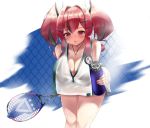  1girl ass ass_visible_through_thighs azur_lane bangs black_bra blush bottle bra breasts bremerton_(azur_lane) bremerton_(scorching-hot_training)_(azur_lane) chain-link_fence eyebrows_visible_through_hair fence hair_between_eyes hair_ornament hairclip heart highres huge_breasts jewelry long_hair multicolored_hair necklace open_mouth pink_eyes pink_hair racket scup shirt skirt sleeveless sleeveless_shirt sportswear streaked_hair sweat sweatdrop tennis_racket tennis_uniform twintails two-tone_skirt underwear water_bottle wet wet_clothes wet_shirt x_hair_ornament 