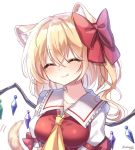  1girl ^_^ animal_ear_fluff animal_ears artist_name bangs blonde_hair blush bow breasts cat_ears cat_tail closed_eyes collarbone commentary_request crystal eyebrows_visible_through_hair fang fang_out flandre_scarlet hair_between_eyes hair_bow head_tilt highres kemonomimi_mode long_hair medium_breasts no_hat no_headwear one_side_up pudding_(skymint_028) puffy_short_sleeves puffy_sleeves red_bow red_vest shirt short_sleeves signature simple_background smile solo tail touhou upper_body vest white_background white_shirt wings 