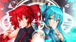  2girls akino_coto aqua_eyes aqua_hair bangs commentary crossover detached_sleeves drill_hair finger_to_cheek hatsune_miku headset index_finger_raised kasane_teto looking_at_viewer multiple_girls necktie red_eyes redhead short_hair side-by-side smile twin_drills twintails utau v vocaloid 