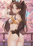  1girl armlet artist_name ass asymmetrical_sleeves bangs bare_shoulders breasts bridal_gauntlets brown_hair cherry_blossoms commentary_request crown day earrings fate/grand_order fate_(series) from_behind hair_ribbon highres hoop_earrings ishtar_(fate)_(all) ishtar_(fate/grand_order) jewelry long_hair looking_at_viewer medium_breasts neck_ring outdoors parted_bangs red_eyes ribbon shellvi smile solo two_side_up 