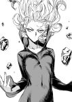  1girl breasts covered_navel floating_hair floating_rock greyscale high_collar long_hair monochrome nakuta one-punch_man small_breasts tatsumaki white_background 