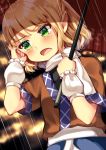  1girl arm_warmers bangs blonde_hair blush eyebrows_visible_through_hair green_eyes hands_up highres holding holding_umbrella looking_to_the_side maitacoco mizuhashi_parsee open_mouth oriental_umbrella pointy_ears rain scarf short_hair solo touhou umbrella white_scarf 