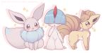  :d :o alternate_color clarevoir commentary commission creature eevee english_commentary facing_viewer full_body gen_1_pokemon gen_3_pokemon looking_at_another no_humans open_mouth pokemon pokemon_(creature) ralts shiny_pokemon simple_background smile standing star vulpix white_background 