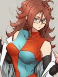  1girl android_21 blue_eyes breasts checkered checkered_dress closed_mouth detached_sleeves dragon_ball dragon_ball_fighterz dress earrings glasses grey_background hoop_earrings jewelry kemachiku labcoat long_hair looking_at_viewer medium_breasts redhead simple_background solo 